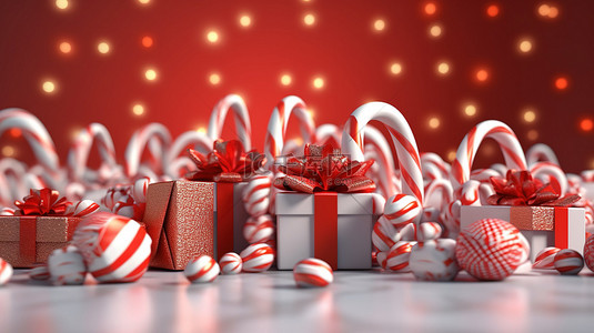 节日圣诞节横幅 3D 插图，圣诞节背景上的红色礼物和拐杖糖