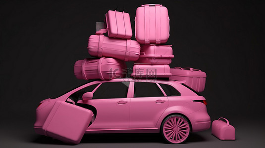 带行李堆的粉色紧凑型汽车 3D 渲染