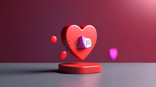 社交媒体爱警报心脏图标通知在极简主义概念3D 渲染