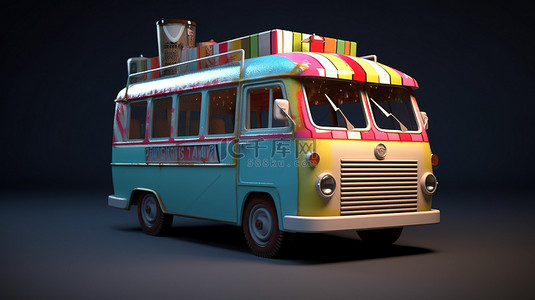 卡通冰淇淋车背景图片_3d 渲染中的冰淇淋卡车