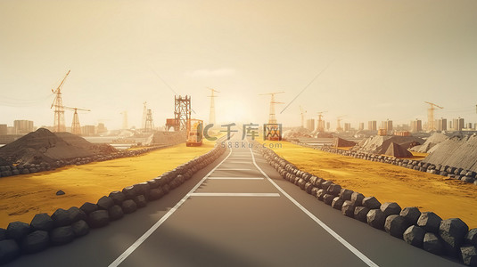 施工工地背景背景图片_无限的道路设计广告 3D 插图无尽的高速公路与施工现场