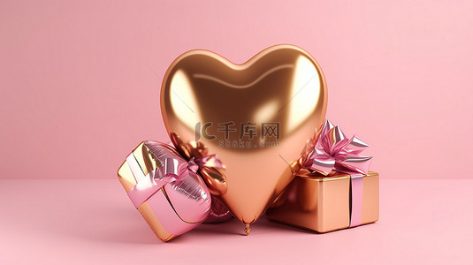 金心背景图片_闪亮的金心气球和金弓礼盒 3d 渲染在粉红色背景上