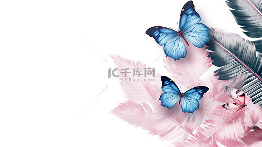 夏日背景花背景图片_白色背景的 3D 插图，宽横幅中带有蓝色热带叶子和粉红色蝴蝶