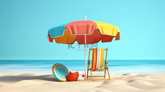 伞元素背景图片_充满活力的海滩乐趣 3D 渲染夏季椅伞和色彩缤纷的海滩元素