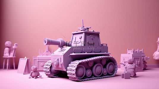 通背景背景图片_粉红色房间的 3D 渲染，配有供学龄前儿童使用的紫色军用地形车玩具