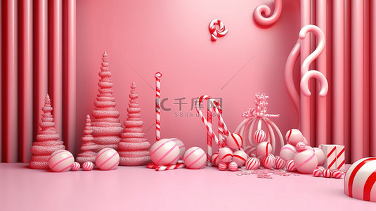 3d 渲染圣诞快乐问候与超大的粉红色糖果手杖