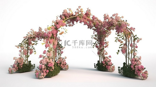 婚礼拱门背景图片_在白色背景上以 3d 形式描绘的花卉拱门