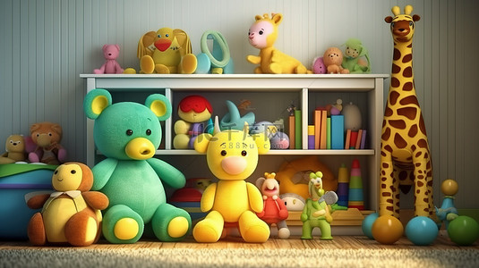 孩子玩玩具背景图片_儿童卧室里可爱迷人的 3D 玩具