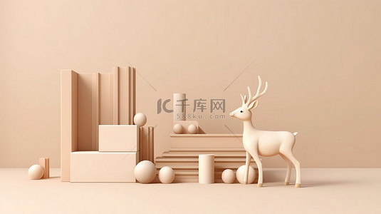 圣诞老人驯鹿背景图片_讲台上装饰着驯鹿，配有柔和柔和的背景上的礼品盒，节日的 3D 渲染