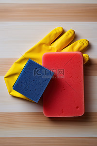 卫生用品背景图片_木桌上有橡胶手套和海绵的清洁海绵