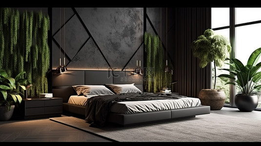黑卧室背景图片_现代豪华卧室，配有深黑色色调郁郁葱葱的植物和现代地毯 3D 渲染