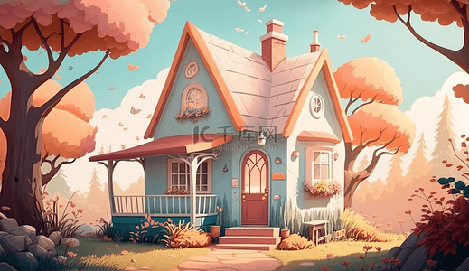 小图卡通背景图片_花园秋天漂亮的住房建筑背景