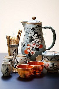 一套日本茶具，配有瓶子茶杯器具和和服