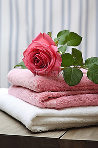 毛巾花背景图片_两朵玫瑰上放一叠毛巾