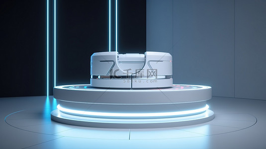带有白色霓虹灯的现代科幻讲台令人惊叹的 3D 渲染产品展台