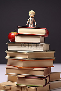 一个小木娃娃试图到达两堆书的顶部