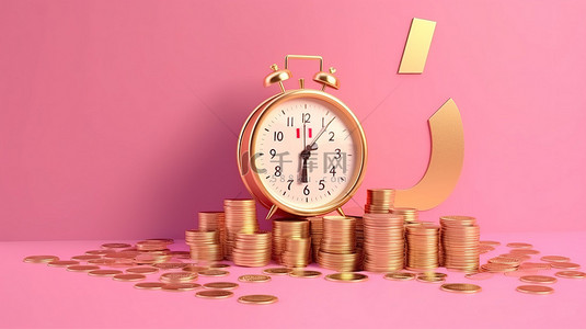 时钟箭头背景图片_有利可图的投资发薪日 3D 渲染粉红色背景，带有增长箭头钱币和时钟