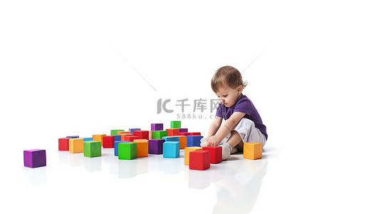 一个孩子单独玩立方体的白色背景 3D 插图