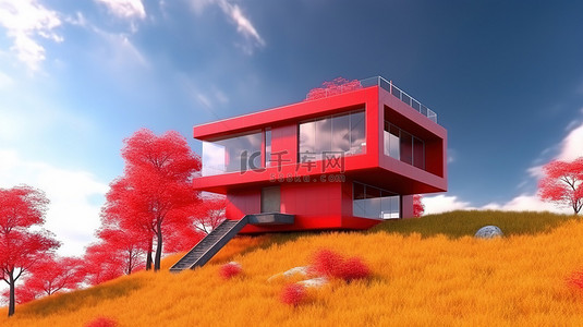 宁静的自然环境中的当代红房子 3D 可视化