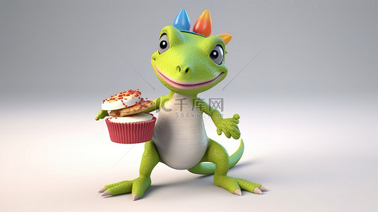 搞笑的 3D 蜥蜴拿着美味的纸杯蛋糕和广告牌