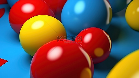 动态蓝色红色和黄色抽象背景中充满活力的 3D 气球