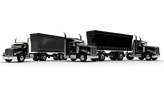 公路运输背景图片_一辆令人印象深刻的黑色美国卡车的 3D 插图，配有拖车式自卸卡车，用于在白色背景上运输散装货物