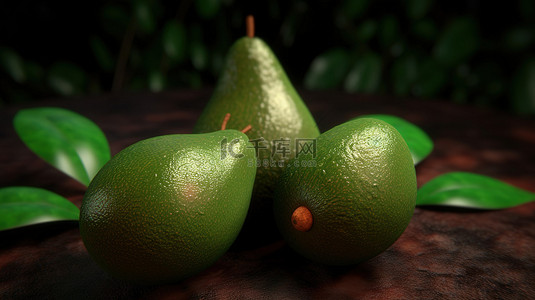 新鲜的绿色蔬菜背景图片_健康食品三个鳄梨 3d 在郁郁葱葱的绿色背景上呈现