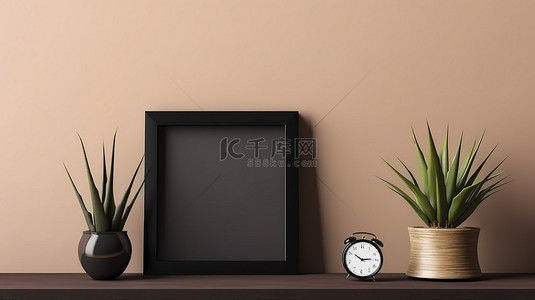 棕色架子，带有倾斜的黑色相框，方形背景上空白样机模板的 3D 插图