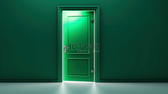 从敞开的门口发出的绿光的独立 3D 渲染非常适合房间室内设计