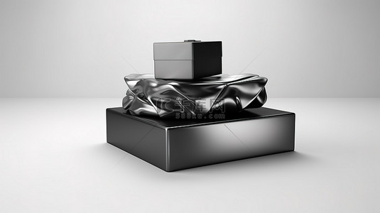 白色背景上包裹着银纸 3D 渲染的悬浮开放黑盒模型