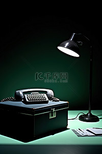 放灯灯背景图片_黑暗房间里的桌子上放着一个公文包，里面有一盏灯和一部银色电话