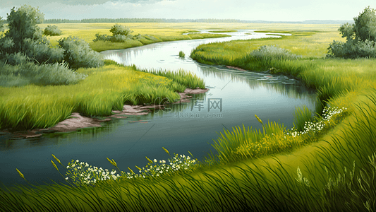 卡通夏日植物背景图片_草地小河边的草丛