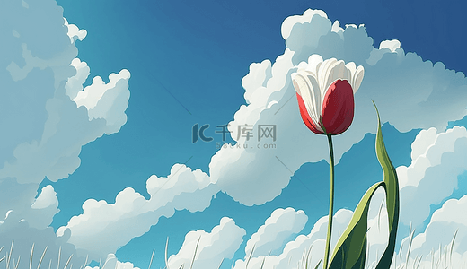 红色卡通花朵背景图片_天空郁金香简约插图背景