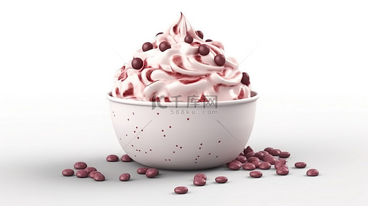 卡通风格 3d 渲染软冰淇淋与红豆浇头和牛奶在一个去杯隔离在白色背景