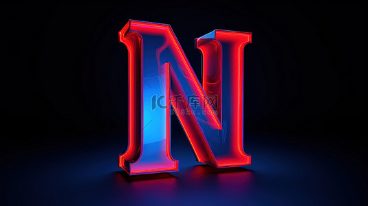充满活力的照明发光的霓虹灯红色大写字母 m 被 3d 渲染中的蓝色排版包围