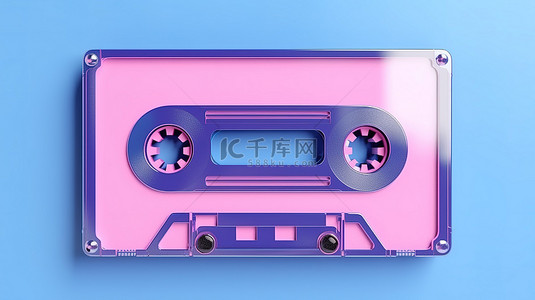 粉红色背景放大了经典蓝色录音带样机 3D 渲染的怀旧之情