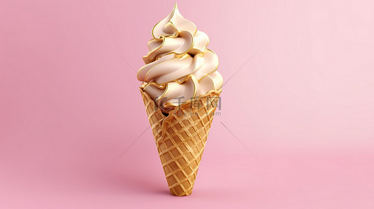 奢华的金色软冰淇淋放在脆皮华夫饼锥上，粉红色背景 3D 插图