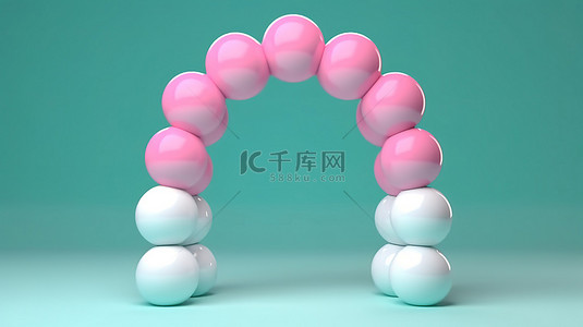 白色蓝色和粉色气球的弧形排列，类似于门或门户，在 3D 渲染中设置在充满活力的绿色背景下