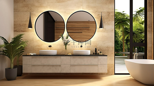 家居清背景图片_令人惊叹的浴室设计，配有夜间照明镜面水槽控制台 3D 渲染的前视图