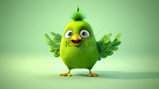 活泼的 3D 鸟类个性，充满活力的绿色