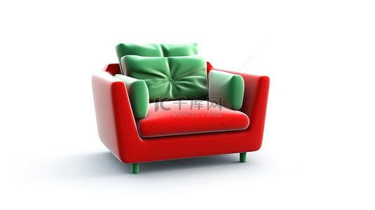 复古翡翠扶手椅，装饰着深红色垫子，白色背景数字渲染 3D 图像