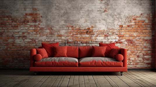 充满活力的深红色沙发，配有舒适的枕头，柔软的地毯和温暖的木地板装饰在裸露的砖墙上，令人惊叹的 3D 渲染