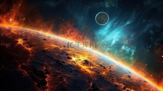 华丽的 3D 行星在太阳风暴中燃烧，具有令人惊叹的外太空景观和星云