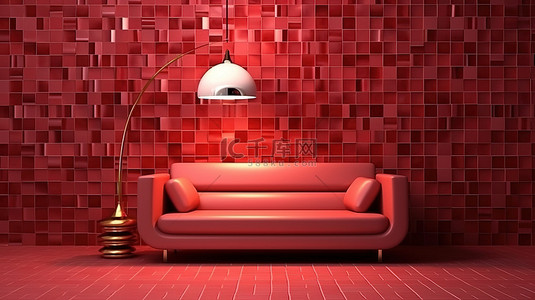 充满活力的红色马赛克装饰客厅墙壁，搭配 3D 渲染的沙发和灯