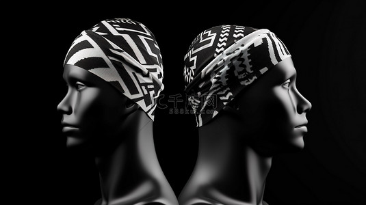 黑白 3D 渲染的连续头巾正面和背面视图运动头饰