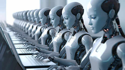 计算机化劳动力一组从事办公室任务的女性机器人或机器人的 3D 渲染