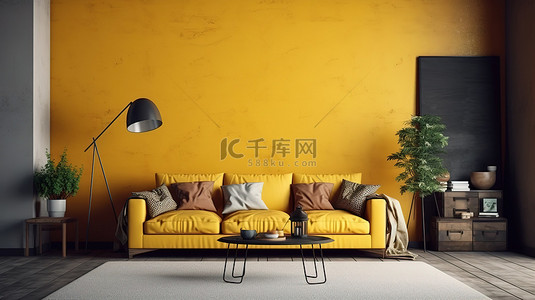 复古风格的阁楼室内背景增强了时髦海报的 3D 渲染，采用温暖的黄棕色和红色色调