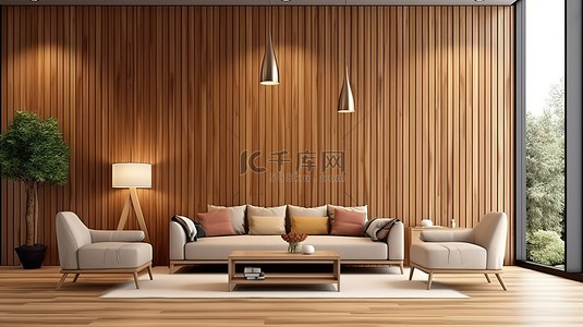 酒店室内设计背景图片_现代客厅的时尚 3D 渲染，带有装饰性垂直木墙图案
