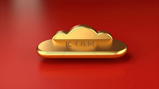 云盘背景图片_金色云上传图标设置与红色哑光金板 3D 渲染的社交媒体符号