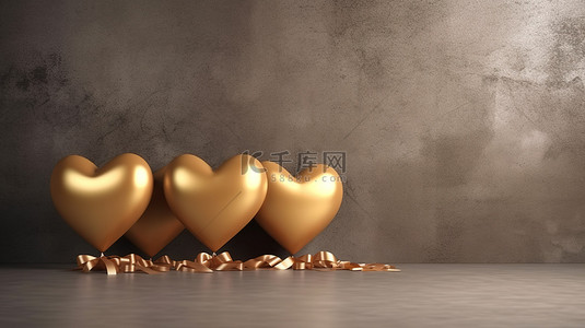 金色心形气球，在质朴的棕色混凝土背景上进行快乐的新年庆祝活动 3D 渲染